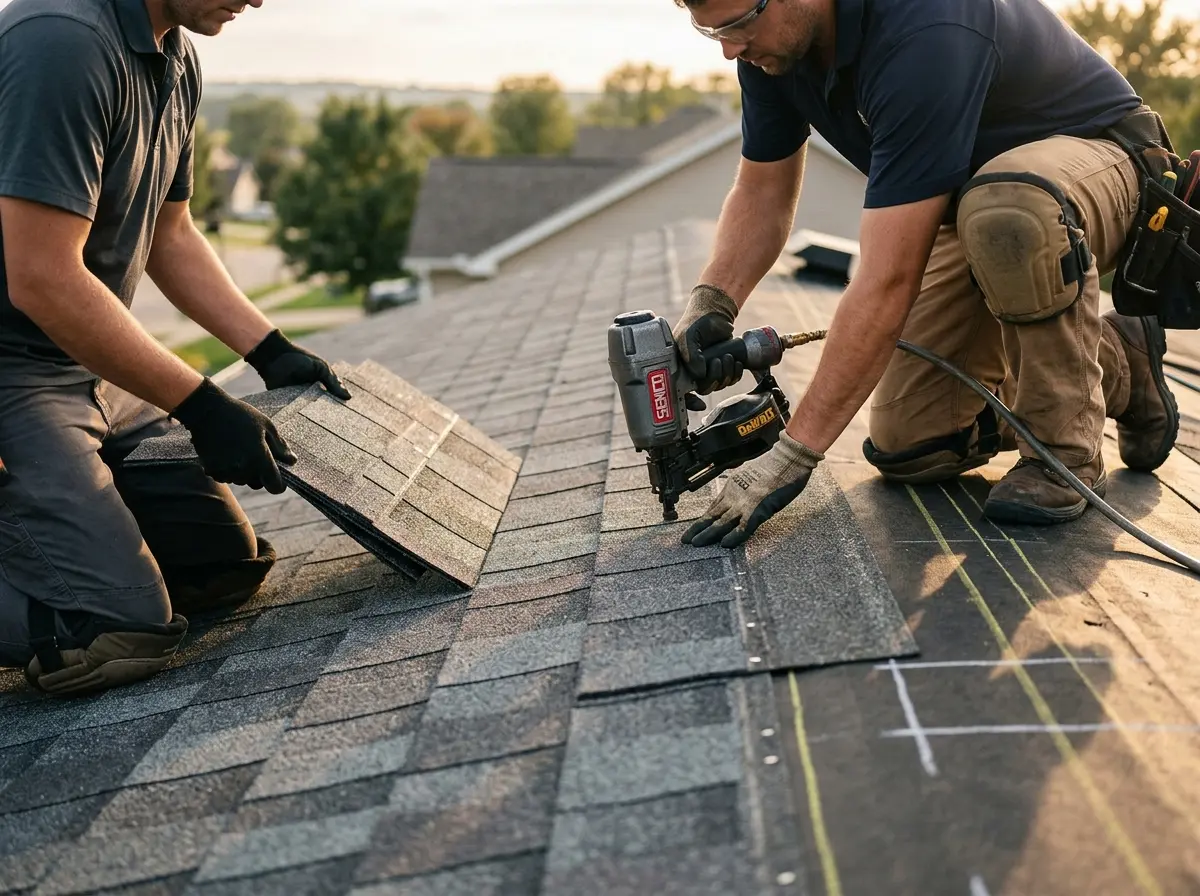 Professional roofer working on a residential roof in Boiling Spring Lakes